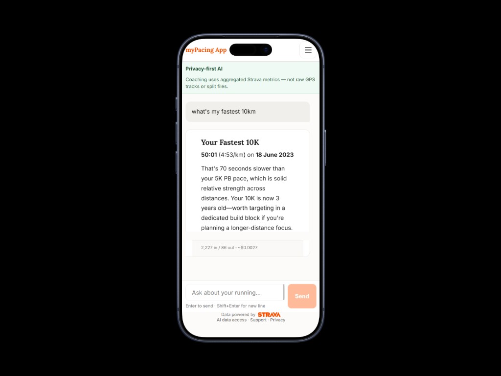 Ask myPacing about your running in plain English on iPhone